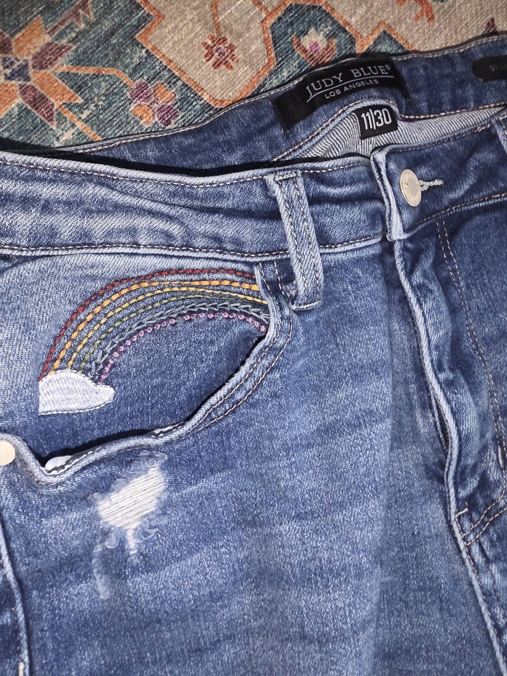 Judy Blue Medium Blue Straight Leg Jeans with Rainbow Embroidered Pocket